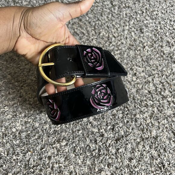 Betsy Johnson Belt Black Patent Pink Flower Cut Out Chunky Wide Waist Belt VTG M - Picture 2 of 9